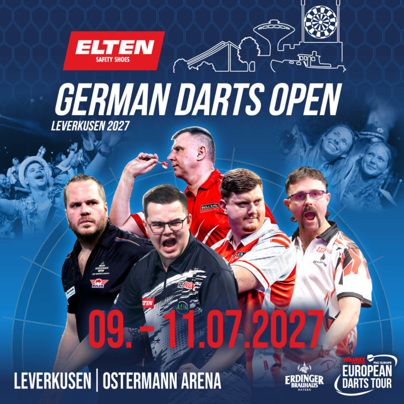 Eventgrafik der German Darts Open 2027. Zeigt Krzysztof Ratajski, Dirk van Duijvenbode, Gian van Veen, Niko Springer und Damon Heta.