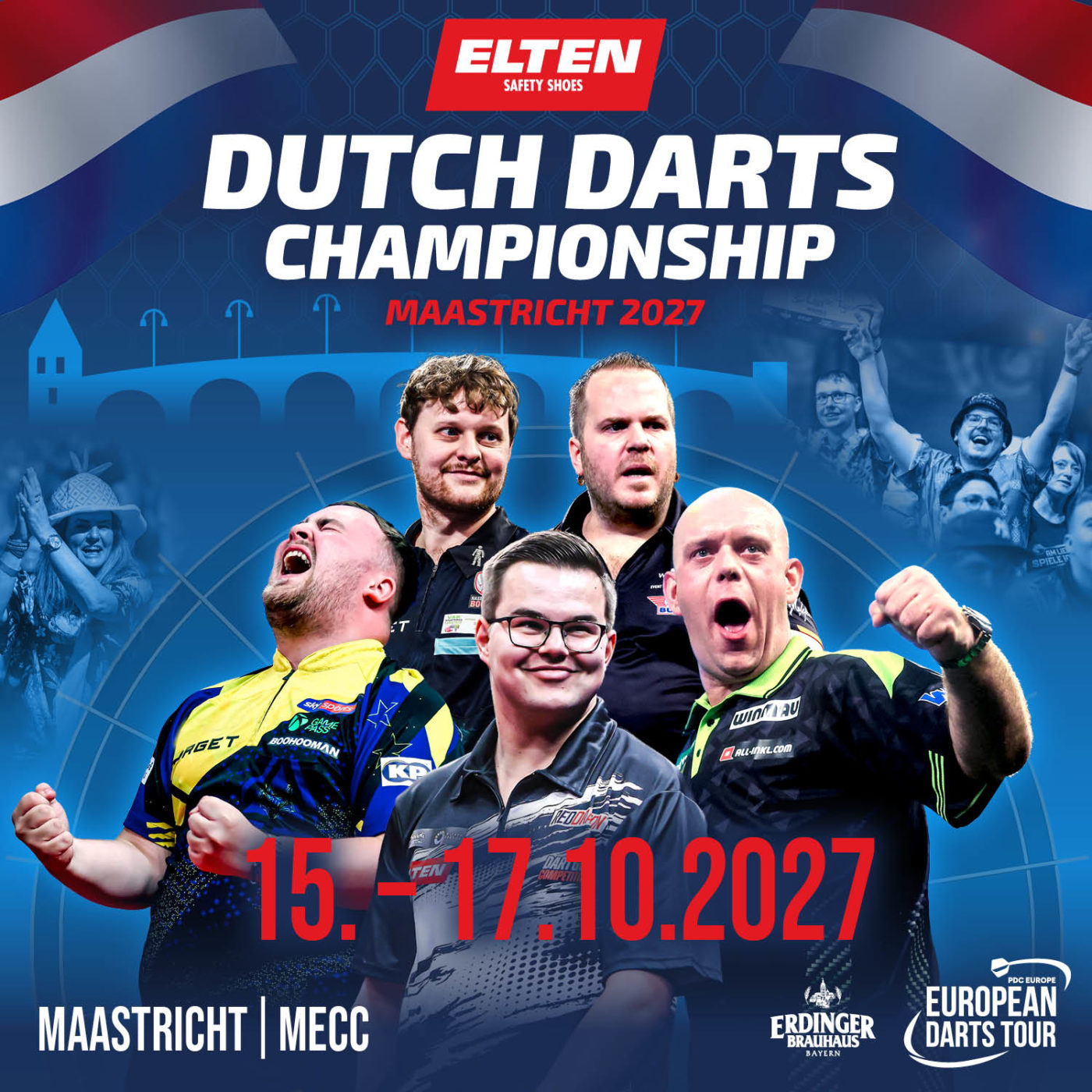 Eventgrafik der Dutch Darts Championship 2027. Zeigt Kevin Doets, Dirk van Duijvenbode, Luke Littler, Gian van Veen und Michael van Gerwen.