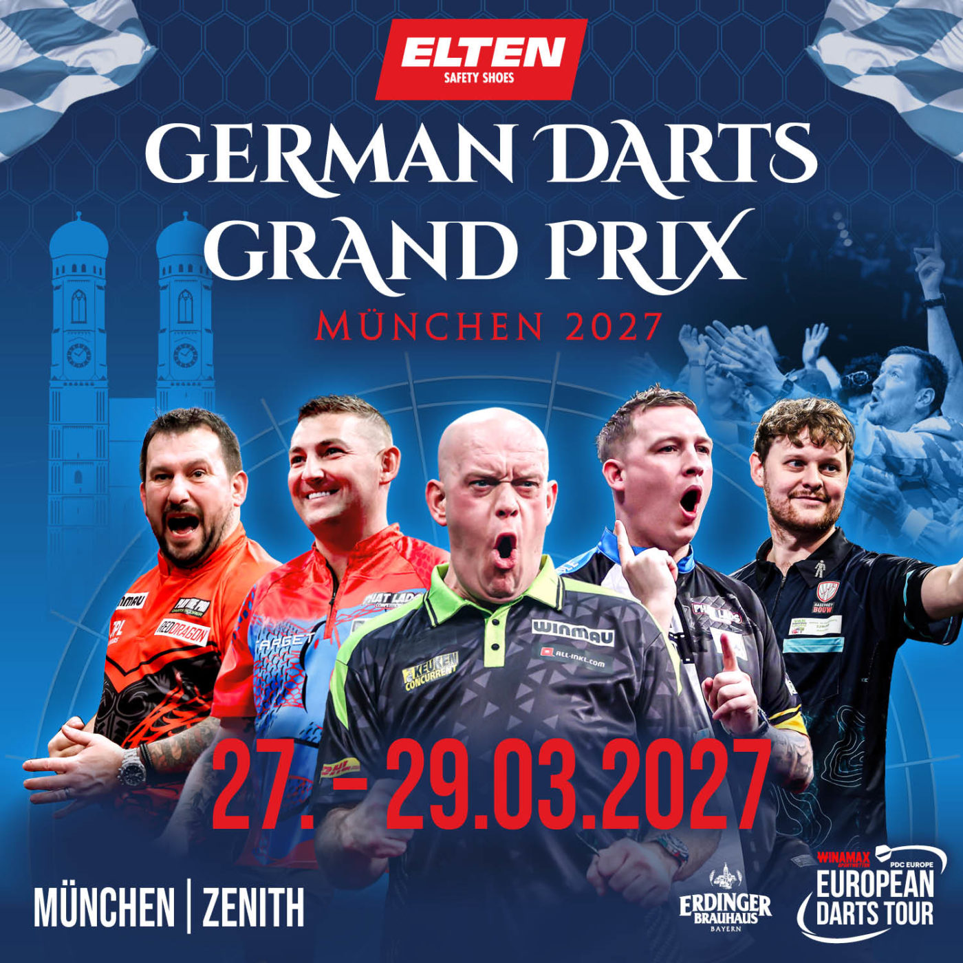 Eventgrafik des German Darts Grand Prix 2027. Zeigt Jonny Clayton, Nathan Aspinall, Michael van Gerwen, Chris Dobey und Kevin Doets.