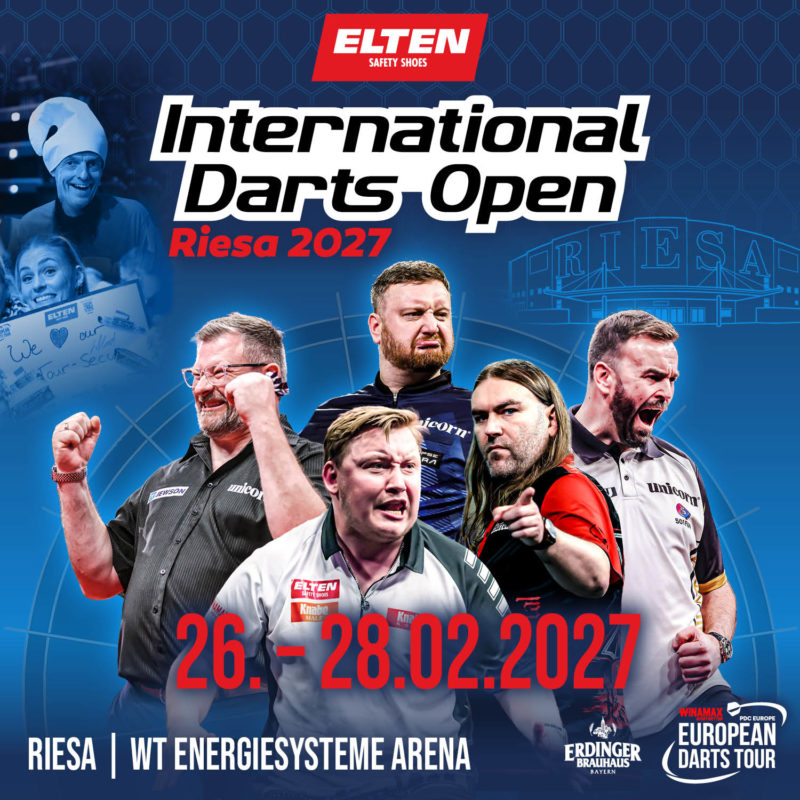 Eventgrafik der International Darts Open 2027. Zeigt James Wade, Cameron Menzies, Martin Schindler, Ryan Searle und Ross Smith.