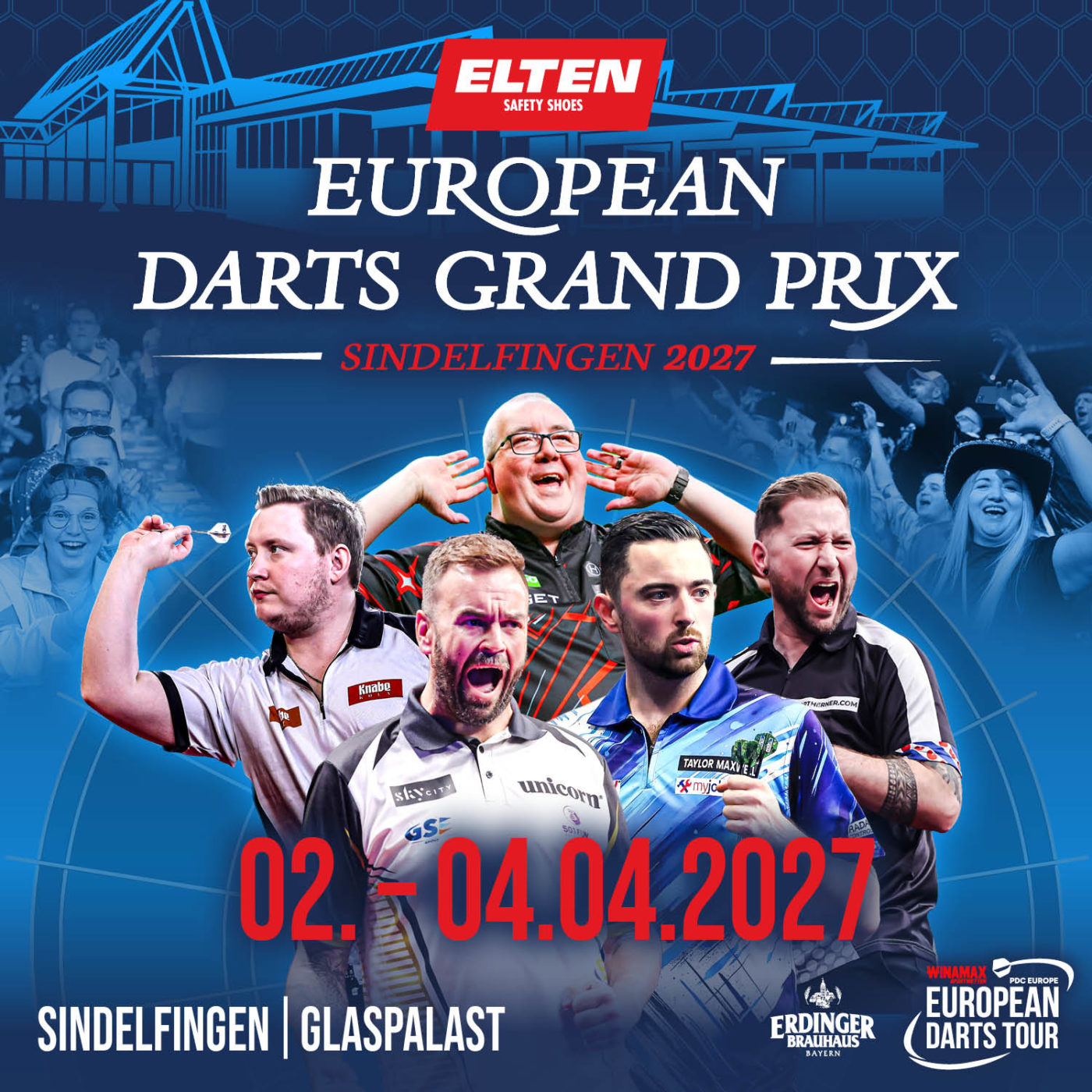 Eventgrafik des European Darts Grand Prix 2027. Zeigt Martin Schindler, Ross Smith, Stephen Bunting, Luke Humphries und Danny Noppert.