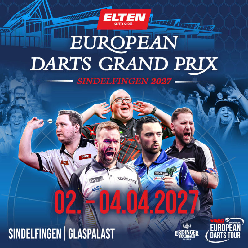 Eventgrafik des European Darts Grand Prix 2027. Zeigt Martin Schindler, Ross Smith, Stephen Bunting, Luke Humphries und Danny Noppert.